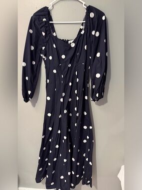 Black and White Polka Dot Midi Dress with Puff Sleeves